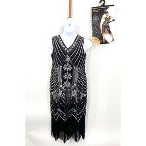 STUNNING BEADED SEQUIN SPIRIT HALLOWEEN 1920'S FLAPPER DRESS COSTUME - L BLACK